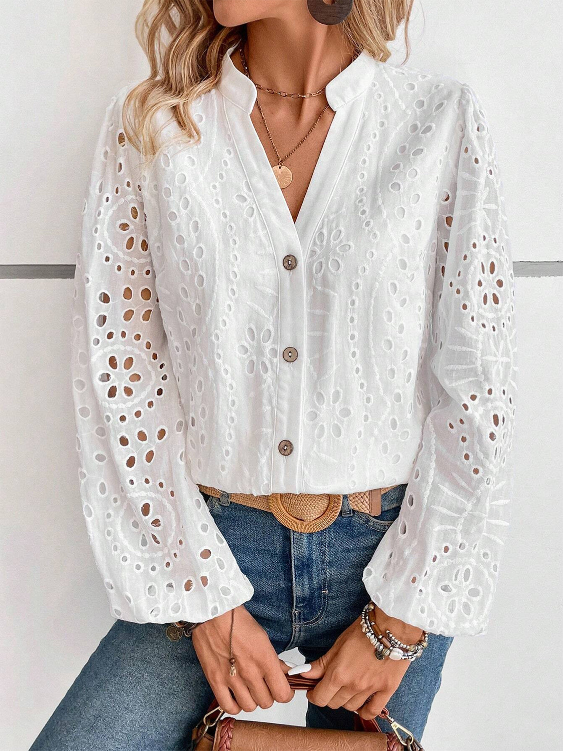 Cutout Notched Long Sleeve Blouse – Fashion Allura