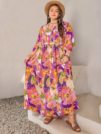 Plus Size Printed Tie Neck Maxi Dress