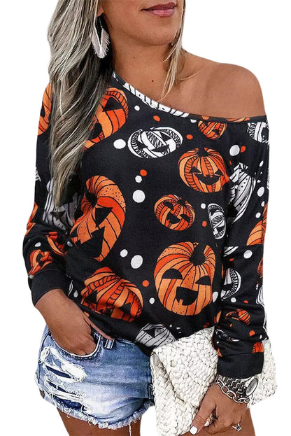 One Shoulder Jack-O'-Lantern Graphic Sweatshirt