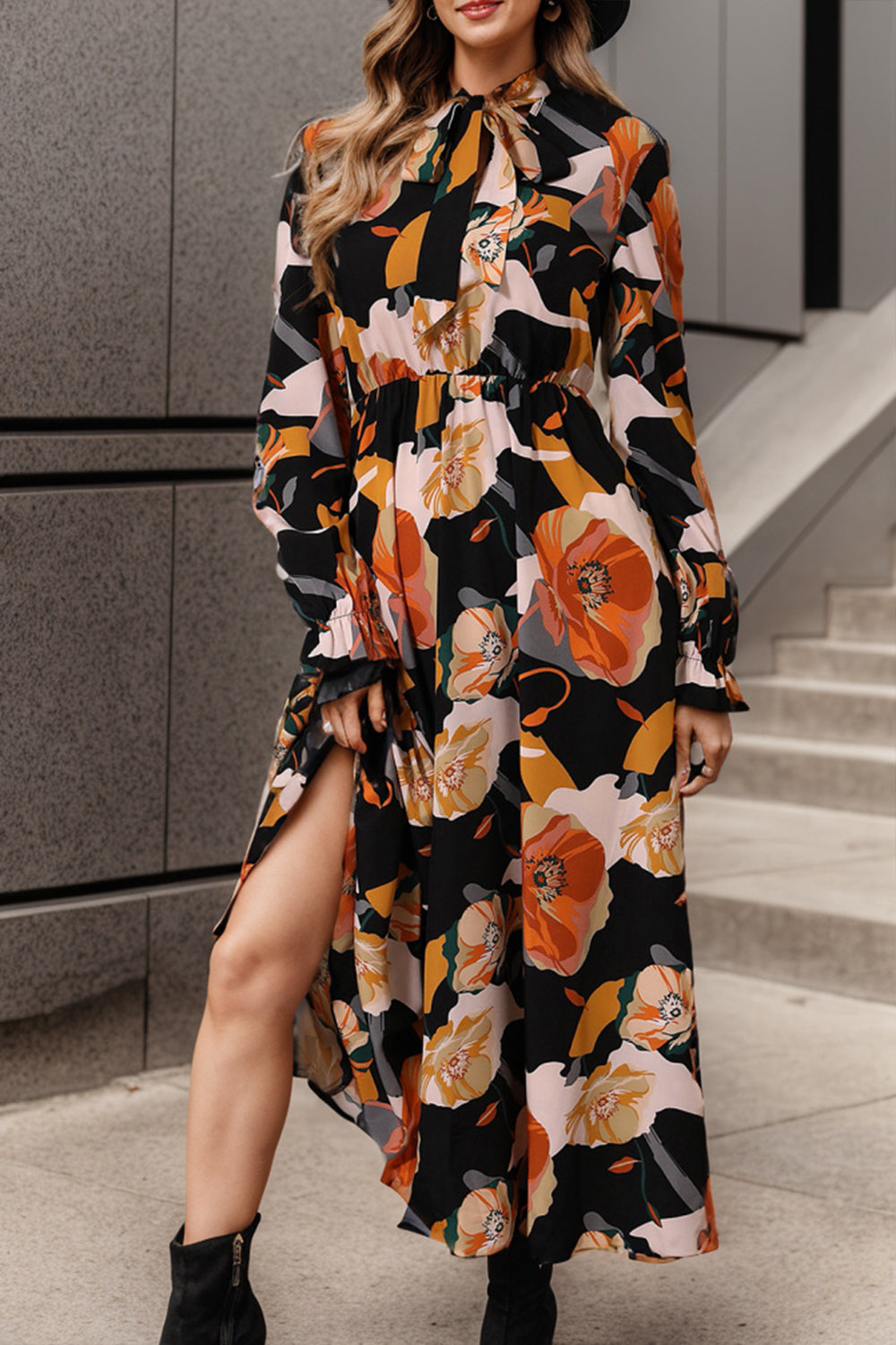 Printed Tie Neck Flounce Sleeve Dress