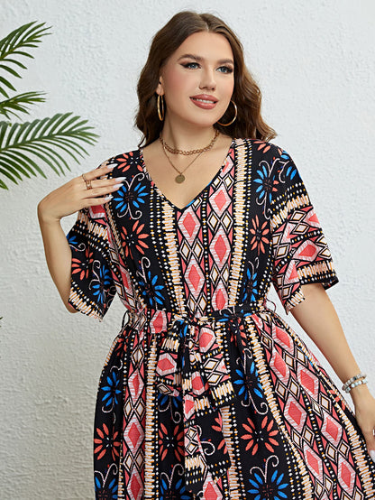 Honey Plus Size Bohemian V-Neck Tie Belt Midi Dress