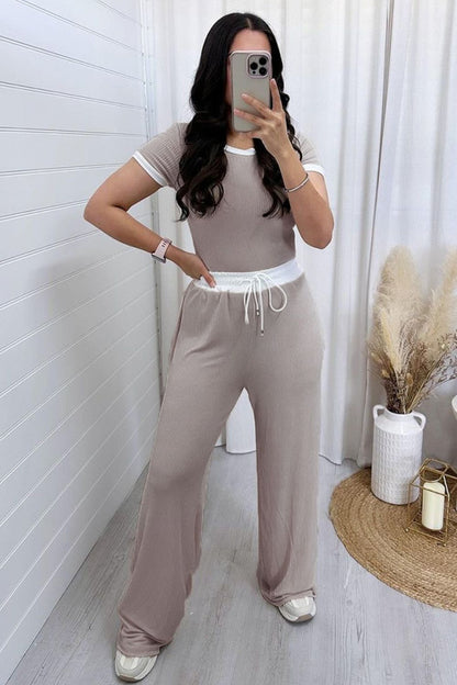 Contrast Trim Round Neck Top and Pants Set