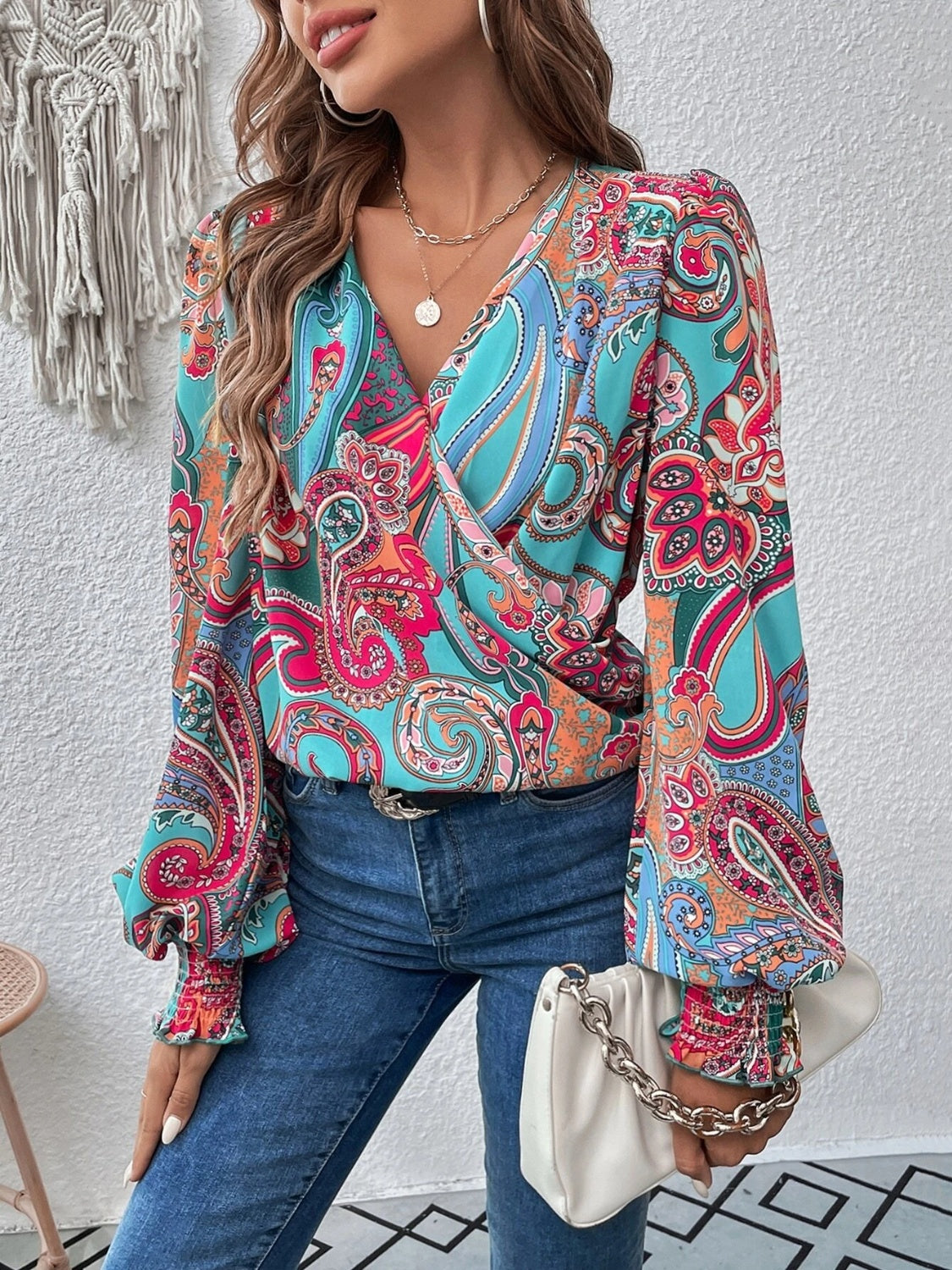 Printed Surplice Smocked Lantern Sleeve Blouse