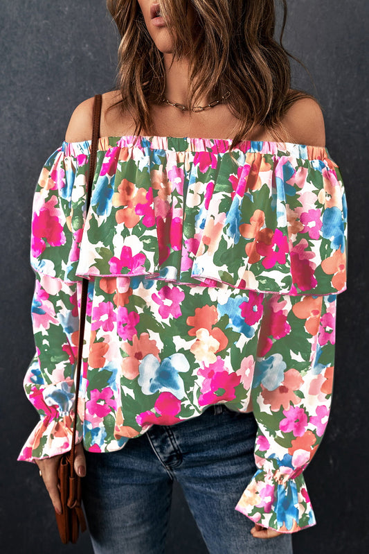 Floral Off-Shoulder Flounce Sleeve Layered Blouse