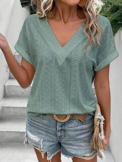 Eyelet V-Neck Short Sleeve Blouse