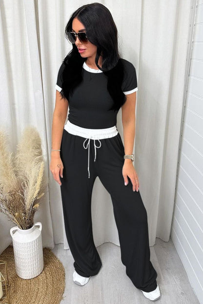 Contrast Trim Round Neck Top and Pants Set