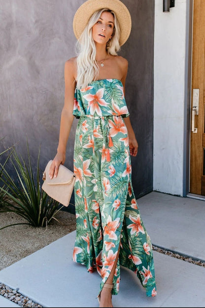 Slit Tropical Sleeveless Tube Dress