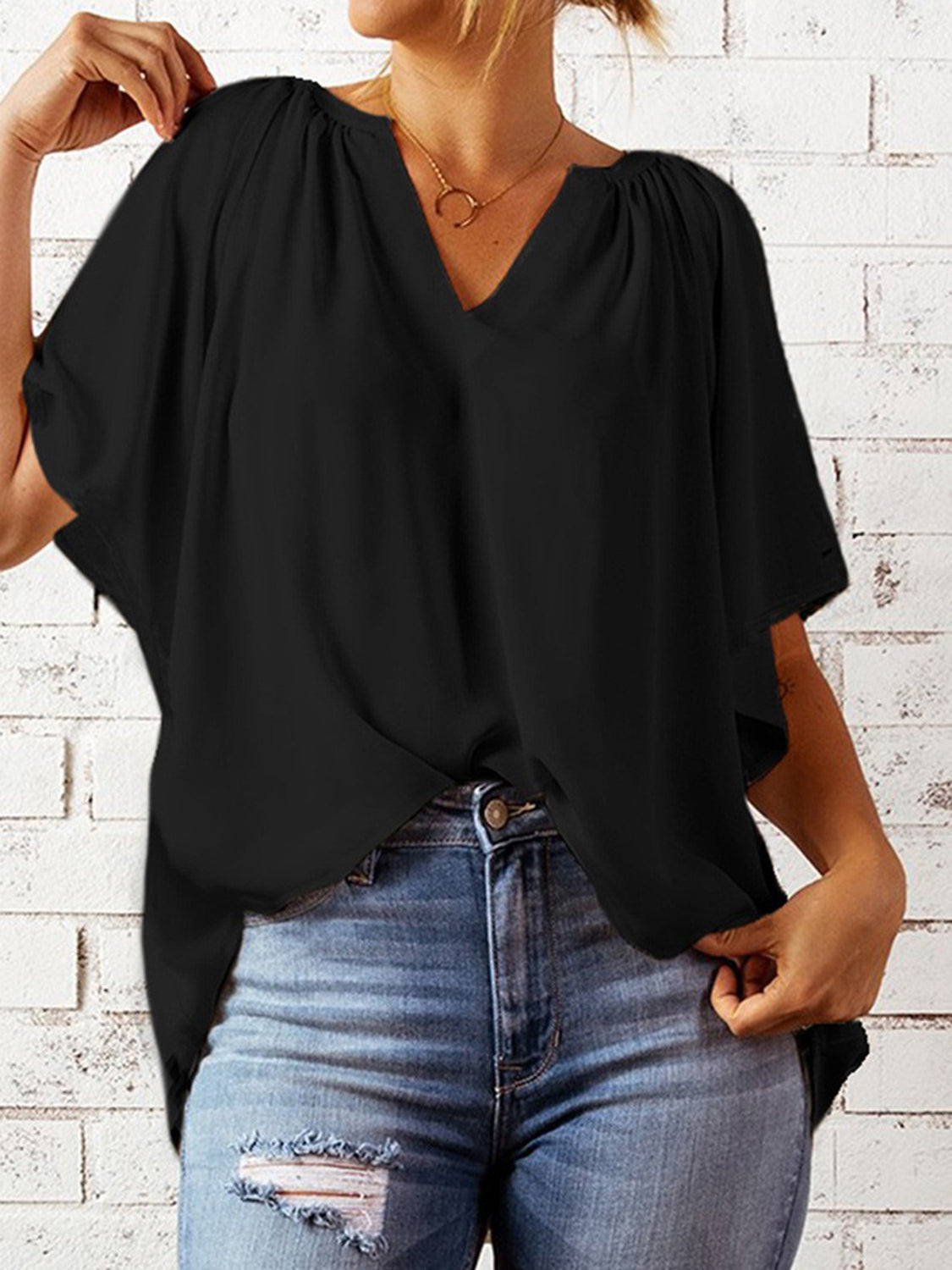 Ruched Notched Half Sleeve Blouse