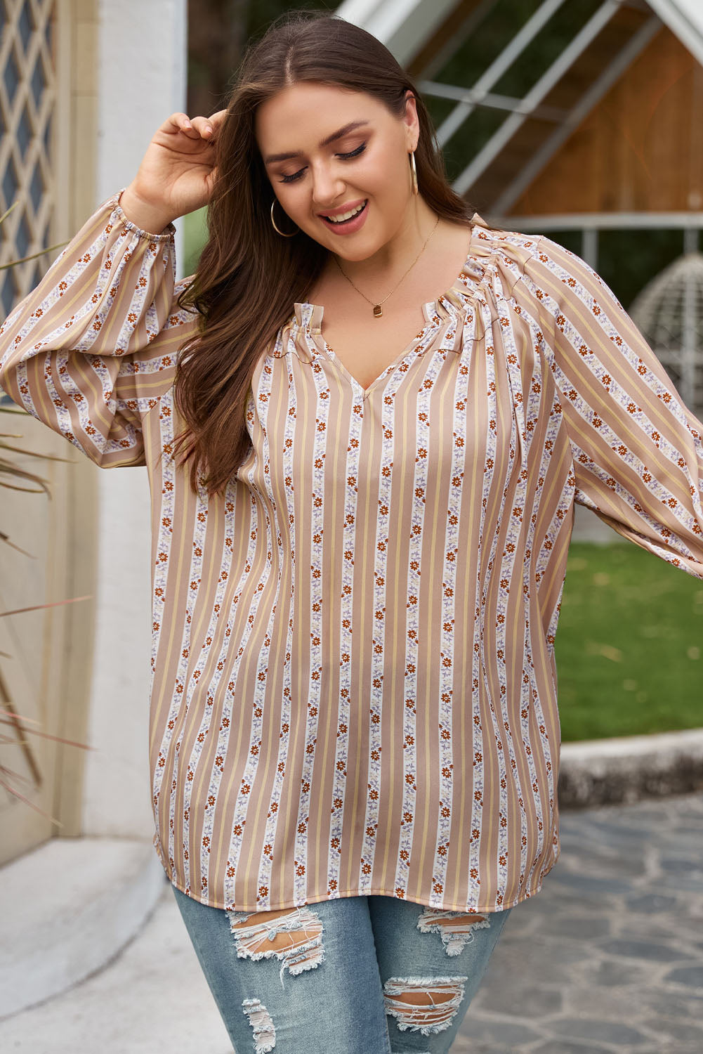 Plus Size Striped Notched Neck Blouse