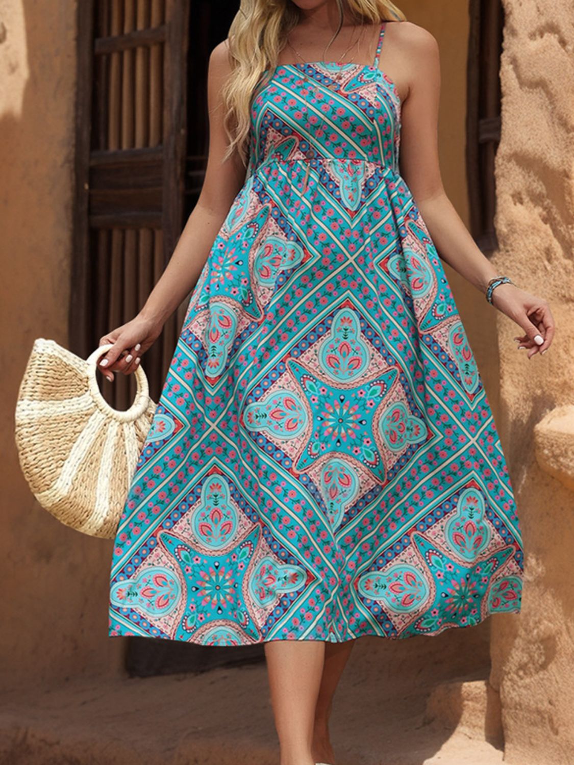 Perfee Printed Spaghetti Strap Midi Dress