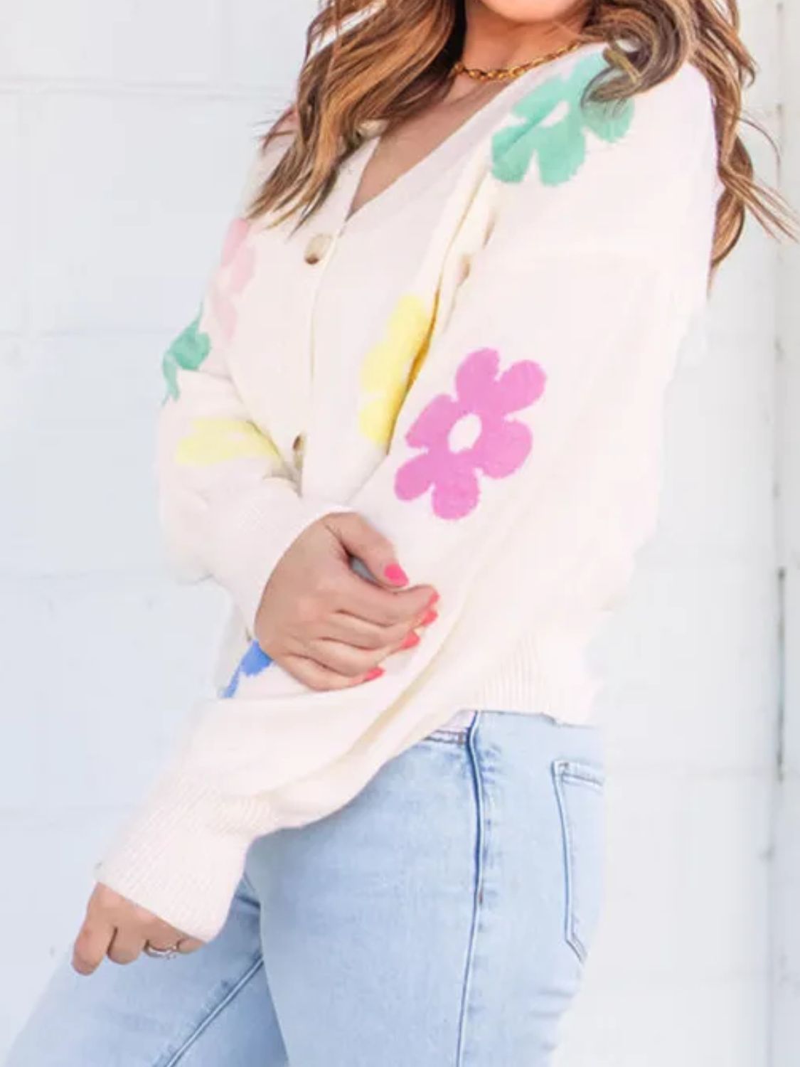 Plus Size Flower Button Up Long Sleeve Cardigan