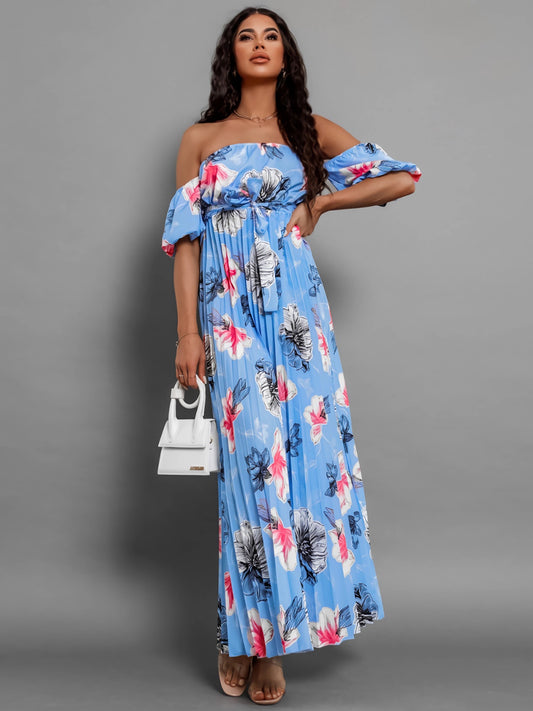 Pleated Floral Off-Shoulder Short Sleeve Midi Dress