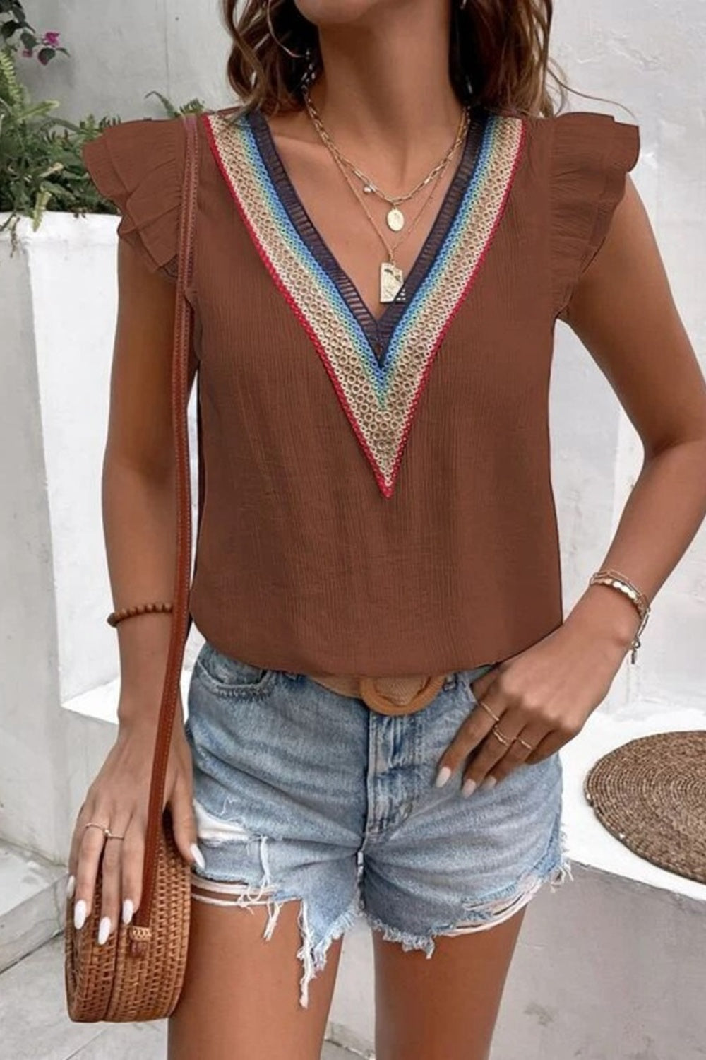 Full Size Ruffled V-Neck Cap Sleeve Blouse