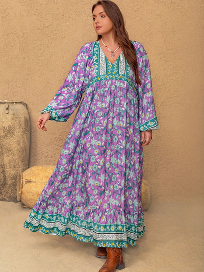 Plus Size Printed V-Neck Long Sleeve Maxi Dress