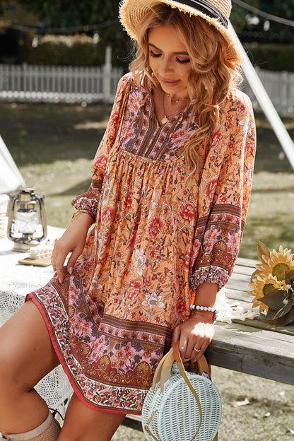 Devine Bohemian Tie Neck Balloon Sleeve Dress