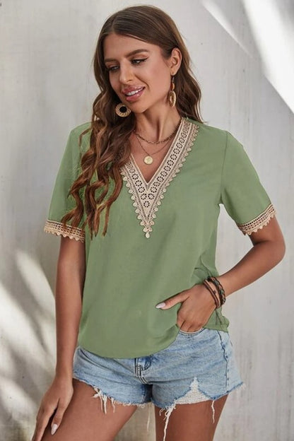 Full Size Lace Detail V-Neck Short Sleeve Blouse