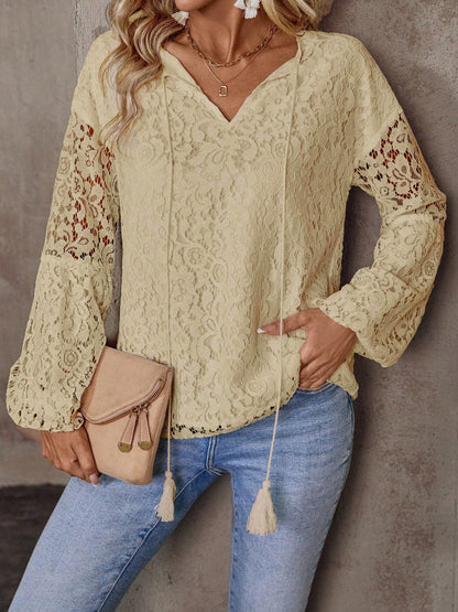 Lace Tie Neck Long Sleeve Blouse