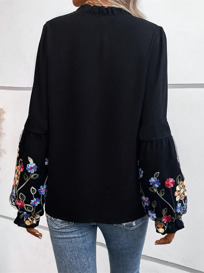 Embroidered Notched Long Sleeve Blouse