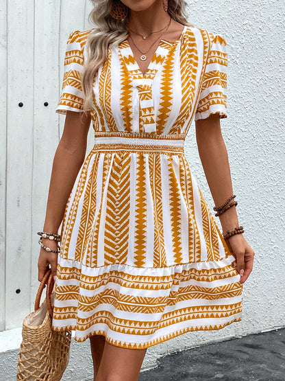 Perfee Geometric Notched Short Sleeve Mini Dress