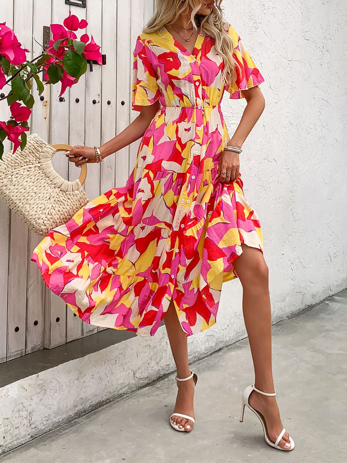 Perfee Printed V-Neck Flutter Sleeve Midi Dress