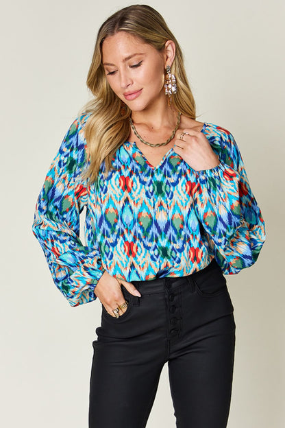 Double Take Full Size Printed Balloon Sleeve Blouse